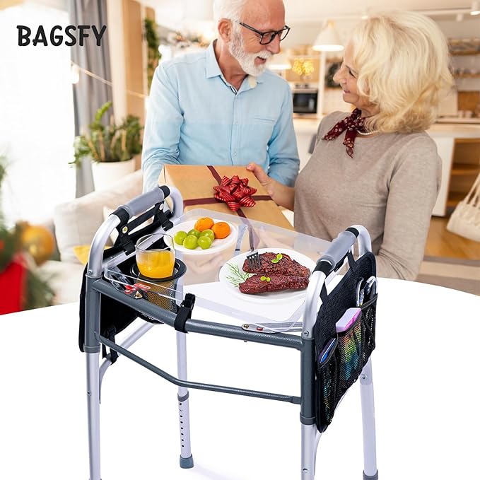 BAGSFY Clear View Walker Tray with Cup Holder & Side Pockets, Transparent Folding Walker Table for Seniors, 8.8lbs Load-Bearing Sturdy PP Tray, Universal Fit Walker Accessory for Elderly