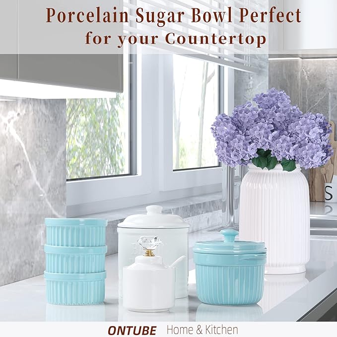 ONTUBE Porcelain Sugar Bowl with Crystal Lid and Spoon,8oz White (Crystal gold)