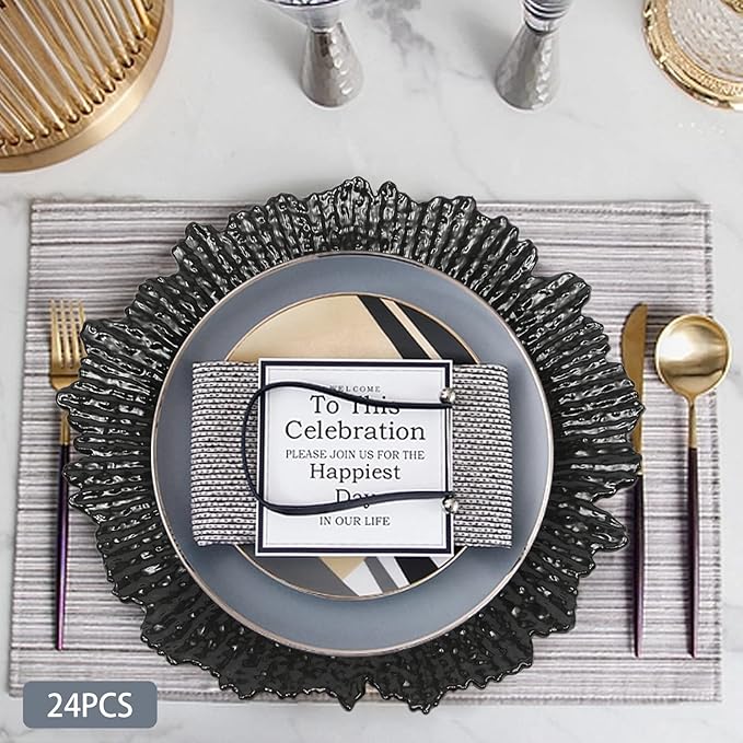 24 PCS Charger Plates Bulk, 13 Inch Floral Reef Plastic Charger Dinner Plates Round Service Plates Decorative Chargers Bulk for Table Setting Wedding Party Event(Black)