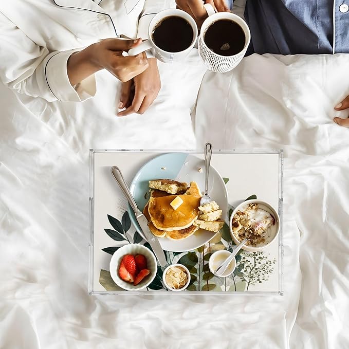 Serving Tray with Handles Clear Acrylic Tray 12x16 Inch Decorative Rectangular Tray Organizer for Ottoman Coffee Table Bathroom Beige Boho Style Leaves