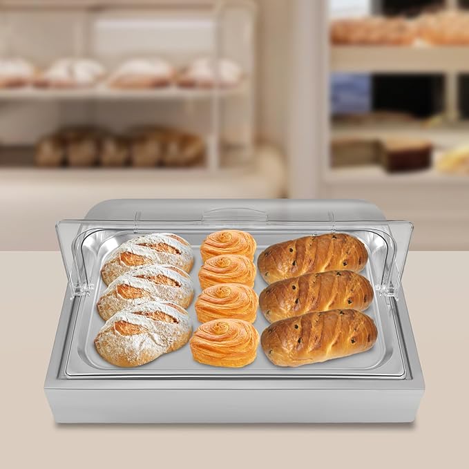 Ice Food Serving Display Tray Stainless Steel Buffet Dishes Display Plate Case with Clear Roll Top Countertop Food Serving Container for Seafood Fruit Salad (Silver, 22.05x14.17x10.63in)