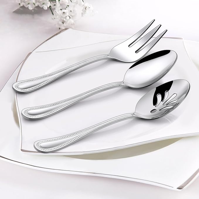 HaWare 6 Pieces Serving Set, Stainless Steel Silverware Serving Utensils, Pearled Edge Hostess Silverware for Buffet Party Kitchen Restaurant, Mirror Finished & Dishwasher Safe