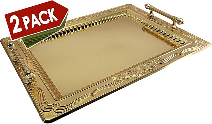 (Pack of 2) 18.1 inch x 13.6 inch Rectangular Iron Gold Plated Serving Tray with Handles Floral Engraved Decorative Party Wedding Buffet Wine Candle Decor Platter Plate Base Dish NC-072