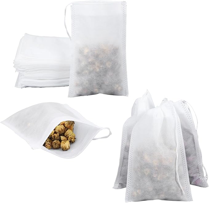 100 Pack Tea Filter Bags Tea Bag Empty Spice Bags for Cooking, Disposable Mesh Filters Drawstring Bag for DIY Craft Spices Coffee Storage Wedding Party Favor (4 x 5.9 Inches)