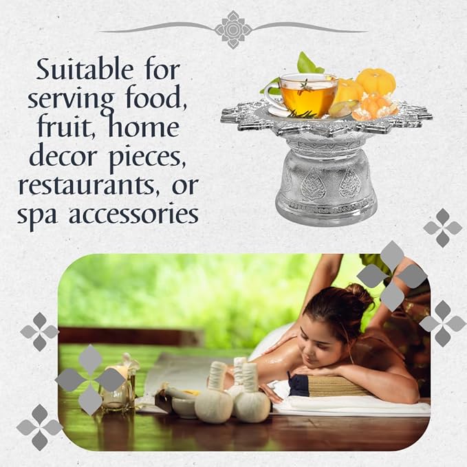 Decorative Pedestal Tray 5 Inch – Traditional Thai Offering Tray with Flora Design for Home, Temple, or Spa Display (Silver,14cm)