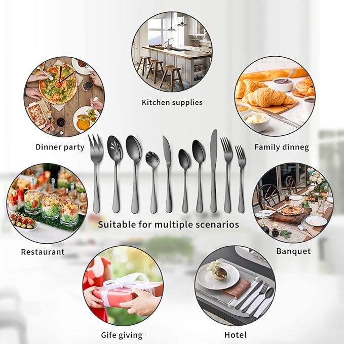 Kyraton Black Silverware Set 45 Pieces Service for 8, Titanium Black Plating Flatware Sets Cutlery Set, Spoons and Forks Silverware Dishwasher Safe, First Apartment Must Haves Utensils Set