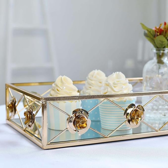 Efavormart Set of 2 Gold Metal Decorative Serving Trays Floral Bordered Rectangle Mirror Trays - 19"x12" / 15"x8"