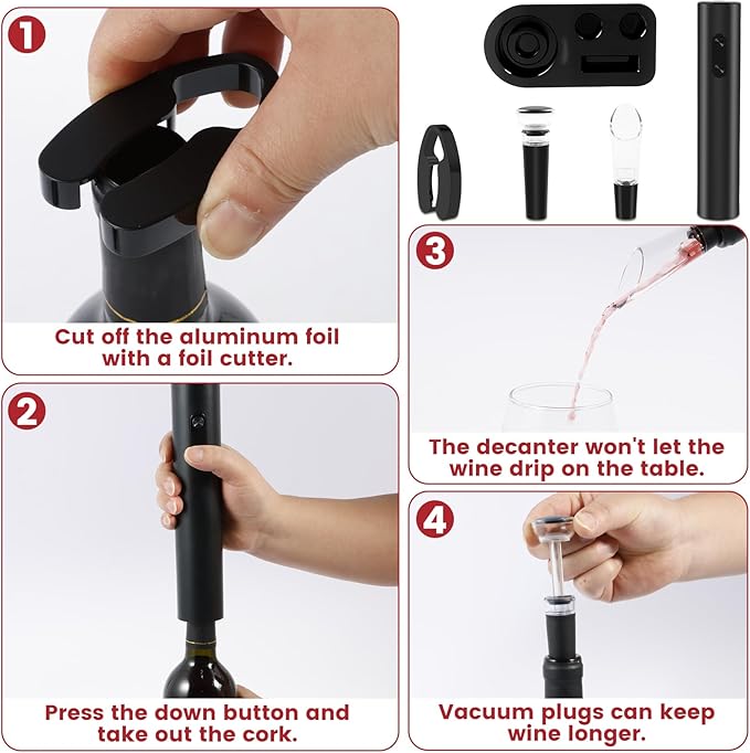 4Pcs Electric Wine Opener Set ABS Automatic Wine Opener Set with Stand Foil Cutter Wine Pourer Vacuum Stopper Practical Electric Wine Opener Rechargeable for Home Party Bar Outdoor Wine Gift