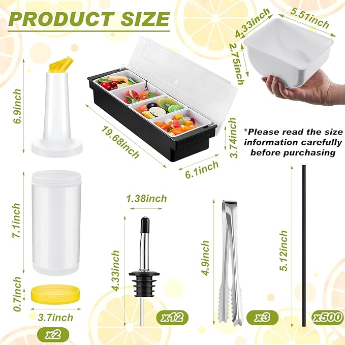 Mifoci Bartending Supplies Garnish Tray with Lid Bar Caddy 3 Tier Glass Rimmer 12 Stainless Steel Bottle Pourers 2 Juice Pour Bottle 1000 Cocktail Straw 3 Serving Tong(4 Compartments,Plastic)