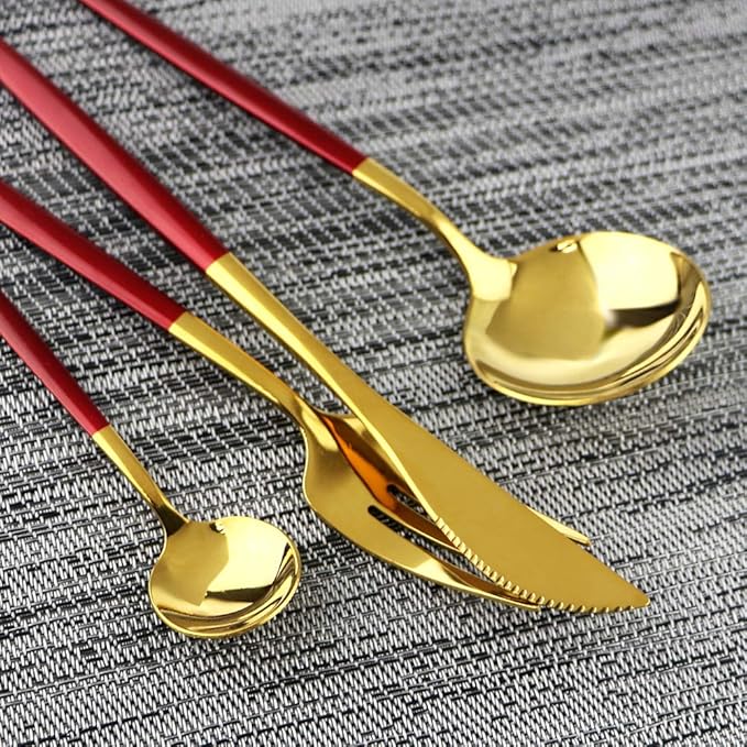 Gugrida 40-Piece Silverware Set 304 Stainless Steel Reusable Utensils Forks Spoons Knives Set, Mirror Polished Cutlery Flatware Set, Great for Family Gatherings & Daily Use (Service for 10, Red Gold)
