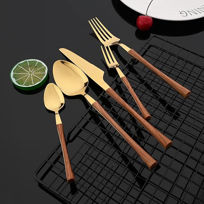 JASHII 30pcs Stainless Steel Imitation Wood Handle Cutlery Flatware Set,Tableware Knife Cake Fork Spoons Dinnerware Set Party Kitchen Silverware for 6, Mirror Polished - Brown&Gold