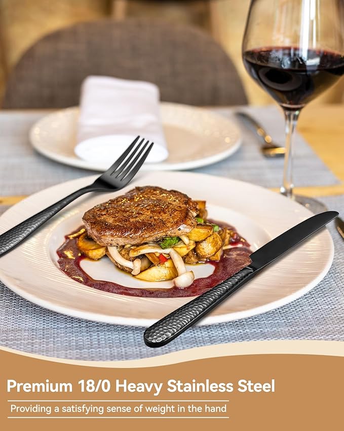 Hammered Silverware Set for 4, Heavy Duty 18/0 Black Flatware Set with Steak Knives, Aswwid 24 Pcs Stainless Steel Kitchen Cutlery Set Include Forks Spoons and Knives, Mirror Utensil Dishwasher Safe