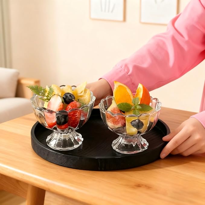 6 Pack 5oz Glass Ice Cream Bowls Set, Thickened Clear Dessert Cups with Heavy Base, Scalloped Pedestal Bowls for Sundaes, Parfaits, Fruits & Snacks, Elegant Reusable Design