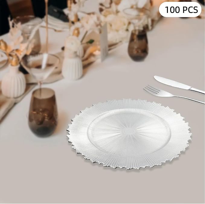 100 PCS Charger Plates Bulk, 13 Inch Plastic Round Charger Dinner Plates Jagged Edge Service Plates Decorative Chargers Bulk for Table Setting Wedding Party Event(Silver)