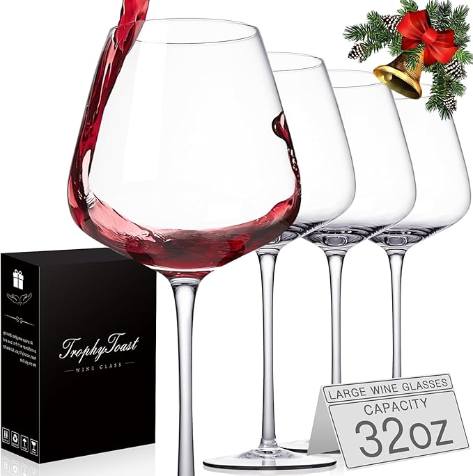 Extra Large 32oz Wine Glasses Set of 4 - Hand Blown Red Wine Glasses With Long Stem - Crystal Giant Burgundy Red Wine Glasses Clearer, Thin, Gift Packaging for Mothers Day, Wedding,Birthday