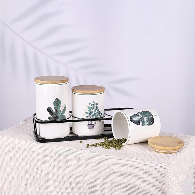 Ceramic Canister Set for Kitchen Countertop - A Set of 3 Kitchen Canisters with Tiered Shelf, Airtight Countertop Flour and Sugar Containers, Coffee and Tea Storage (Green plants A)