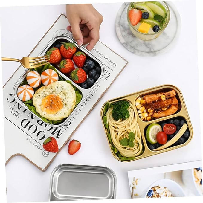 VOSAREA Stainless Steel Divided Food Serving Tray with Two Compartments Portion Control Plate for Lunch Food Storage Plate for Dieters Cafeteria Parties and Everyday Use