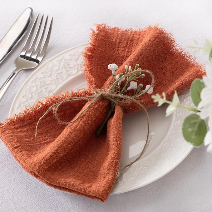 Socomi Set of 6 Linen Napkins Terracotta Easter Spring Cloth Napkins Washable Cotton Dinner Napkins Fringe 17"x17" for Wedding Party Bridal Baby Shower Birthday Table Decorations