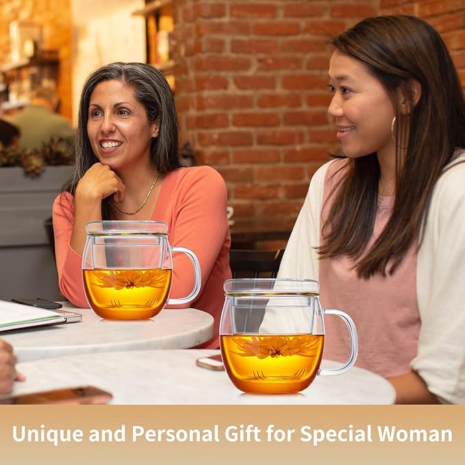 Glass Tea Cup with Infuser and Lid, 17oz/500ml Large Borosilicate Teacup, Clear Mug for Loose Leaf Tea, Blooming Tea, Tea Bags - Perfect Christmas or Birthday Gift for Women.