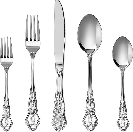 Silverware Set, 30 Pieces Retro Royal Silverware Set for 6, Baroque-Style Stainless Steel Flatware Set Including Fork Spoon and Knife, Dishwasher Safe, Silver