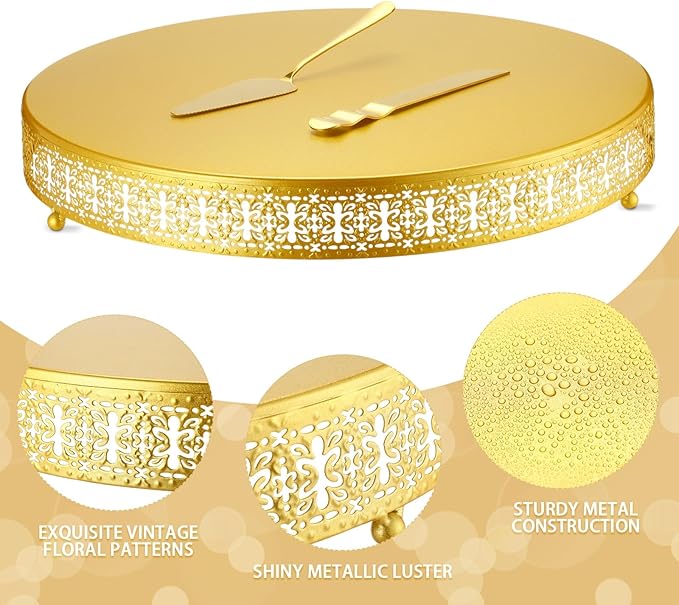 Wenqik Christmas Cake Stand 18 Inch Gold Metal Round Cupcake Dessert Stand with Cake Cutting, Spatula Xmas Cupcake Pastry Display Candy Holder Display for Christmas Wedding Birthday Party