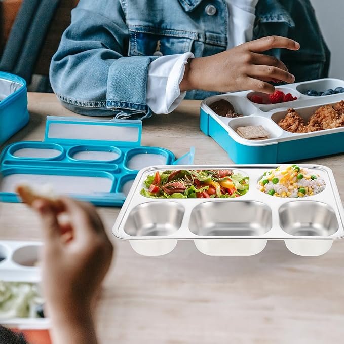 Amosfun Food Divided Tray with Lid 5-Compartment School Cafeteria Dining Plate 11.02X8.66X1.57 Inch Portion Control Serving Tray for Kids and Adults