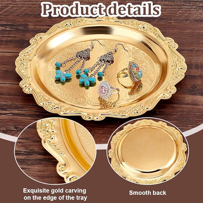 PH PandaHall 7.8" Gold Tray Jewellery Display Tray Decorative Serving Tray Vintage Style Candle Tray Dispenser for Wedding Party Home Kitchen Centerpiece Display Countertop Organization