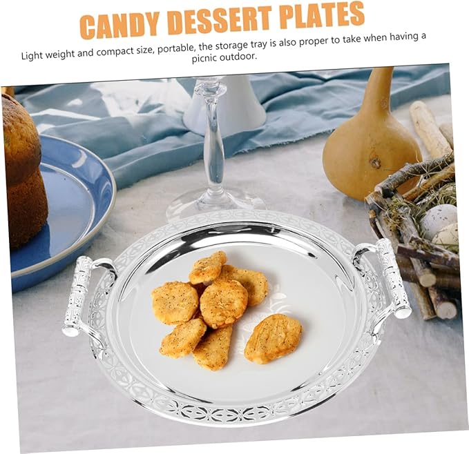 Mobestech Round Pattern Tray Silver Serving Plate Fruit Trays for Serving Round Bread Plate Storage Dish