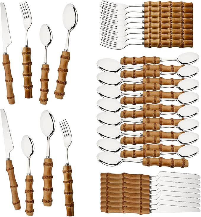40 Pcs Bamboo Handle Cutlery Sets, Natural Bamboo Flatware Set for 10, Silver Stainless Steel Silverware Set for Home Party Restaurant, Handcrafted Eating Utensils, Include Knife Fork Spoon