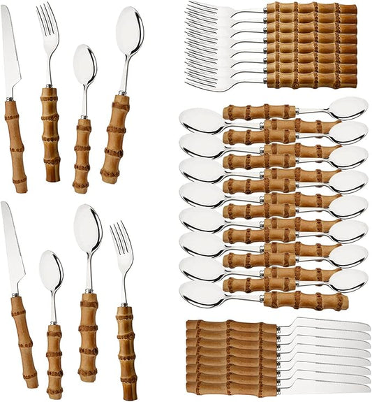 40 Pcs Bamboo Handle Cutlery Sets, Natural Bamboo Flatware Set for 10, Silver Stainless Steel Silverware Set for Home Party Restaurant, Handcrafted Eating Utensils, Include Knife Fork Spoon