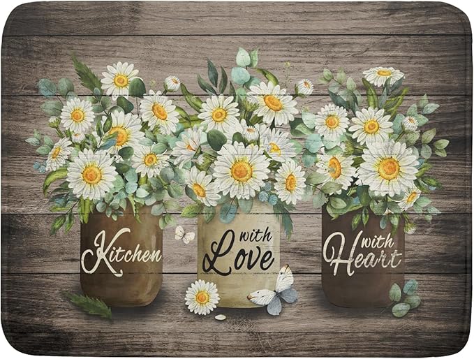 Flower Vase Dish Drying Mats 18×24 Inch Rustic Wood Reversible Microfiber Kitchen Countertop Protector Fast Dry Dish Drainer Rack Pad