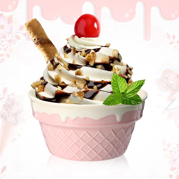 Honeydak 4 Pcs Ice Cream Ceramic Bowls 12 oz Waffle Ice Cream Cups Reusable Sundae Dessert Snack Containers for Christmas Summer Kid Adult Birthday Home Yogurt Soup Bar Party Supplies