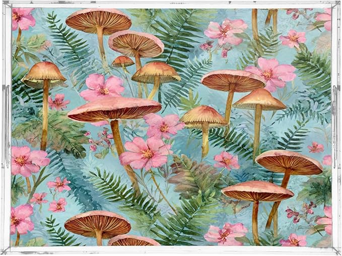 Serving Tray with Handles Clear Acrylic Tray 12x16 Inch Decorative Rectangular Tray Organizer for Ottoman Coffee Table Bathroom Mushroom Leaves Pink Green