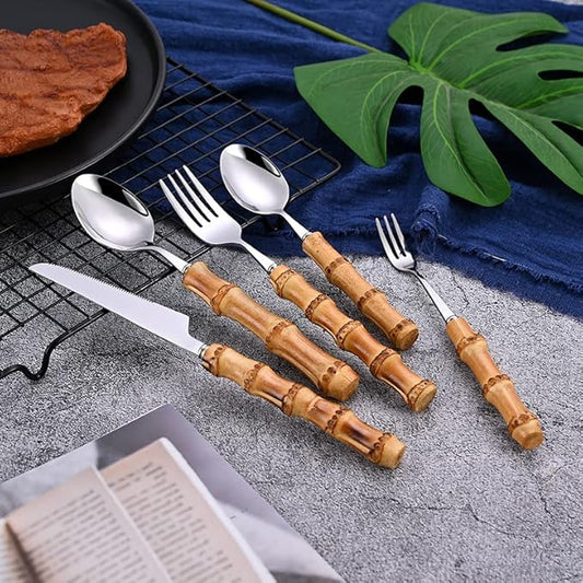 Bamboo Silverware Set for 12, 60 Piece 18/8 Stainless Steel Cutlery Set, Natural Bamboo Handle Cutlery Sets, Household Kitchen Utensil for 12, Flatware Sets, Dishwasher Safe (60pcs)