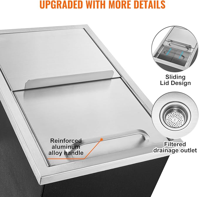 Happybuy Drop in Ice Chest 18L x 12W x 14.5H Inch Stainless Steel Ice Cooler with Sliding Cover Drop in Ice Bin Included Drain-Pipe and Drain Plug for Cold Wine Beer