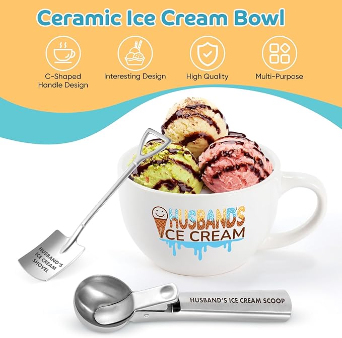 Christmas Gifts for Husband from Wife, Husband's Gifts for Valentine's Day,Anniversary,Birthday, Ice Cream Bowl and Scoop Set with Shovel – Funny Husband Present