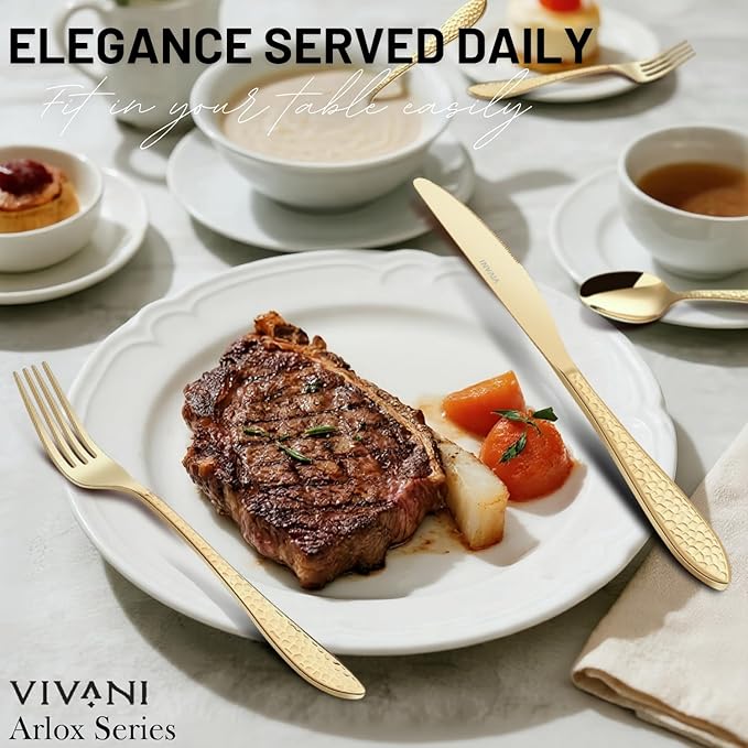 VIVANI 40-Piece Champagne Gold Silverware Set, Food-Grade Stainless Steel Gold Flatware Set for 8, Hammered Cutlery Set for Home, Restaurant, Wedding, Cafes, Dishwasher Safe