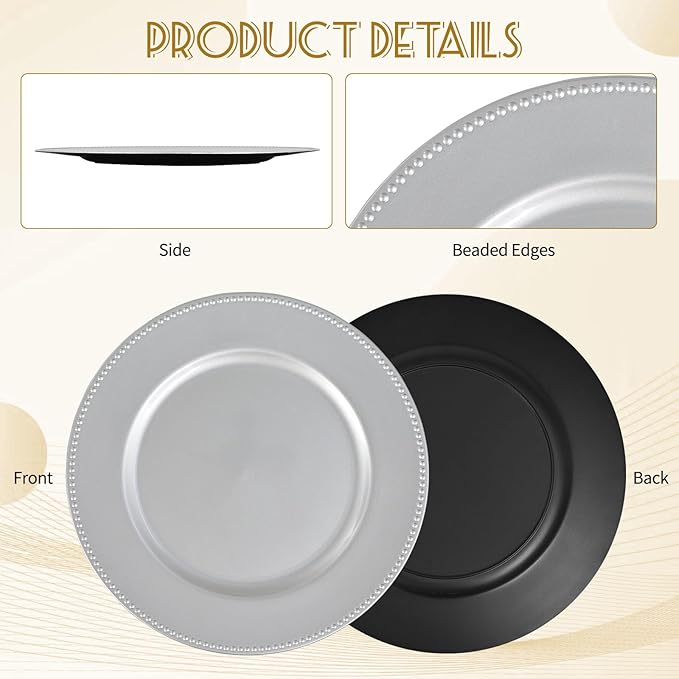 50 Pcs Silver Charger Plates Round Charger Plates13 Inch Bulk Wedding Dinner Elegant Reusable Plastic Chargers Plates Wedding Holiday Party Baby Shower Event Decoration (Silver)