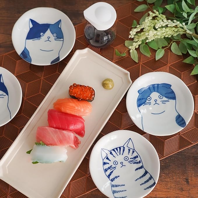 Dessert Sushi Soy Sauce Salad Ceramic Plates Cats Design Set of 5 Made in Japan 5 Cats 4.7in