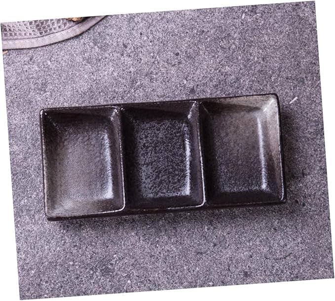 2pcs Retro Square Ceramic Sauce Dishes 3-Grid Snack and Seasoning Bowls Food Dipping Plates for Appetizers and Desserts