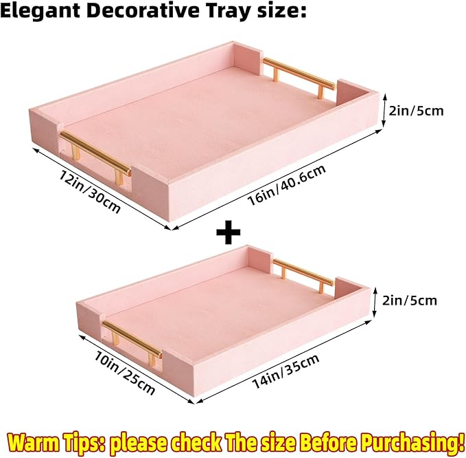 Modern Elegant Pink Faux Shagreen Leather Tray, Set of 2 Rectangle Serving Trays with Gold Polished Metal Handles, Ottoman Tray Coffee Table Perfume Kitchen Trays Home Decor