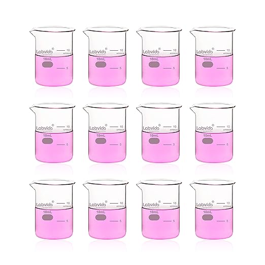 Upgrated 10ml Beaker Set, 12pcs of Beaker Shot Glasses, Low Form Glass Beakers Set, 3.3 Boro with Printed Graduation, LVA036