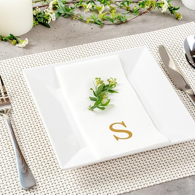 Luxenap 15.8 X 7.9 Inch Linen-Feel Guest Towels, 2000 Lettered Hand Towels - Gold Letter 'S', Sans Serif Font, White Paper Dinner Napkins, airlaid, For Restrooms And Tables