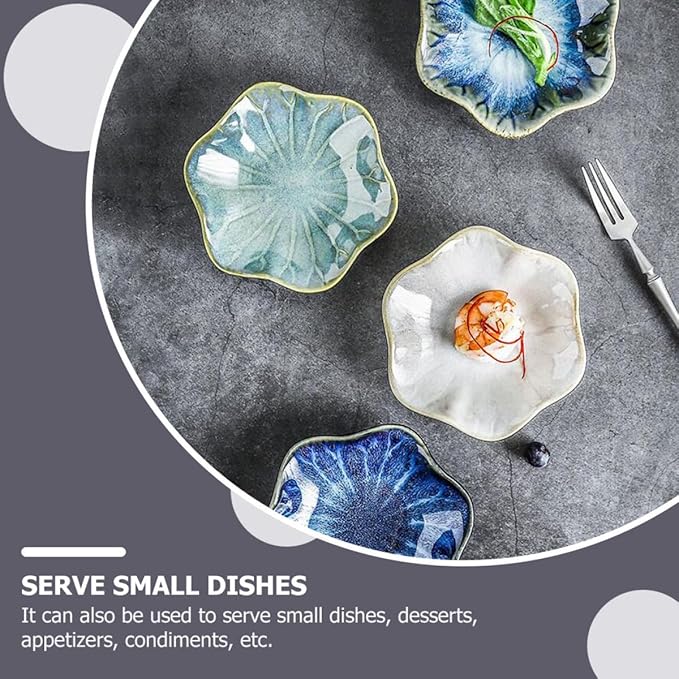 VICASKY 3pcs Ceramic Seasoning and Appetizer Plate Set with Lotus Leaf Shape, Assorted Blue Gradient, Rice and Vintage White Colors, Porcelain Sauce Dishes for Kitchen Dining Random Color