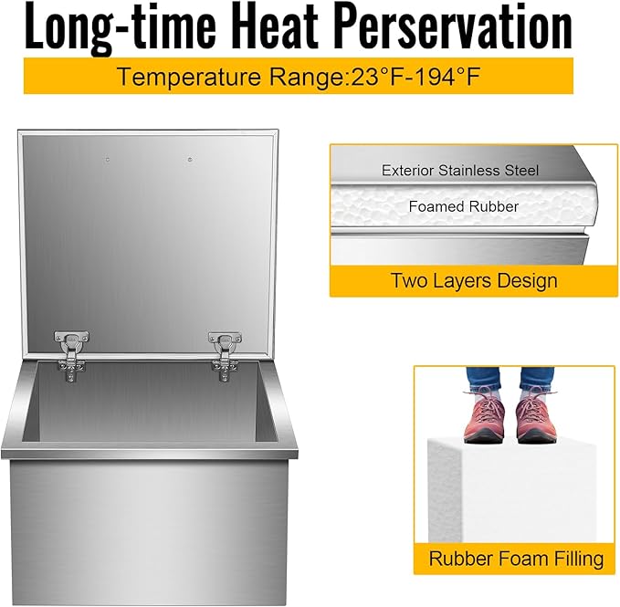 Drop in Ice Chest with Cover Stainless Steel Ice Cooler Included Drain-Pipe and Drain Plug Drop in Ice Bin Outdoor Kitchen for Cold Wine Beverage