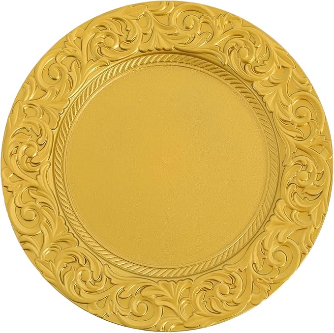 50 Pcs Antique Gold Charger Plates Bulk Round Plastic Dinner Plate Embossed Rim Server Plate Decorative Chargers Floral Plates for Dinner Parties Wedding,13 Inch (gold-50pcs)