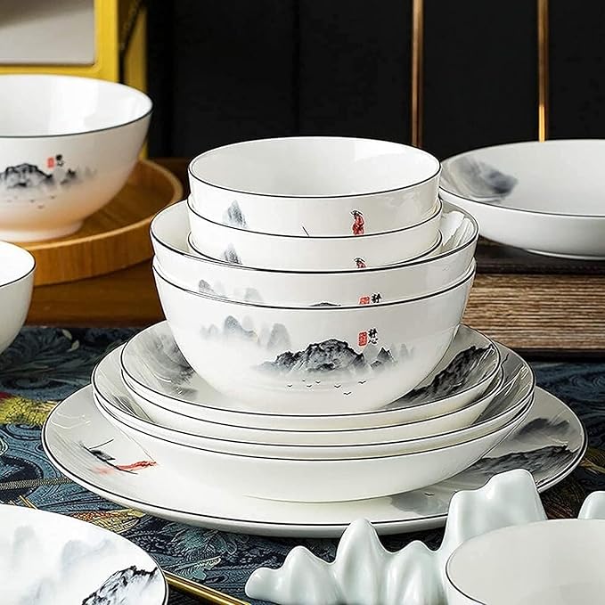 ☆Dinnerware Sets for 4/6/12,Black and White Plates Bowls Set,Chinese Dinner Set,Dish Set/Tableware Ancient Ink Painting Design-For Home,Kitchen Dinning,35 Pieces, size