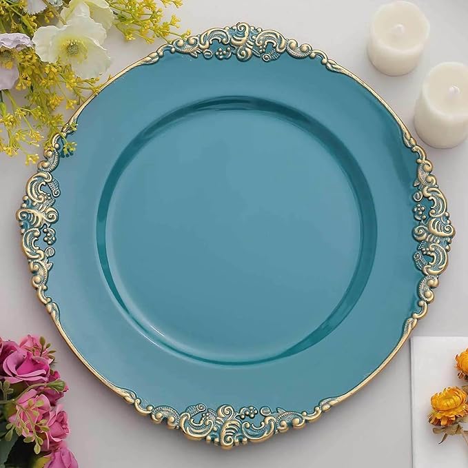 13" Charger Plates -Set of 24 - Acrylic Teal Round Baroque Disposable Chargers Leaf Embossed Rim, Ideal for Dinner Party Wedding Bulk Events
