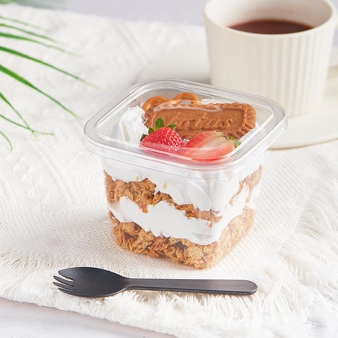 Kucoele 50 Pack 12 oz Plastic Dessert Cups with Lids and Sporks, Clear Square Cake Cups Dessert Containers for Pudding Parfait Fruit Yogurt and Shortcake