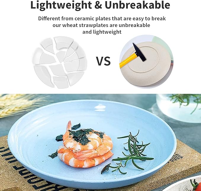 12 PACK 9 Inch Lightweight Wheat Straw Plates, Unbreakable Deep Dinner Plates, Plastic Plates Reusable, Assorted Colors Dinnerware Sets, Microwave & Dishwasher Safe